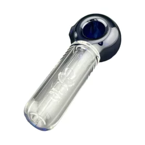 Glass hand pipe with blue handle, likely for smoking, listed on smoking company website.