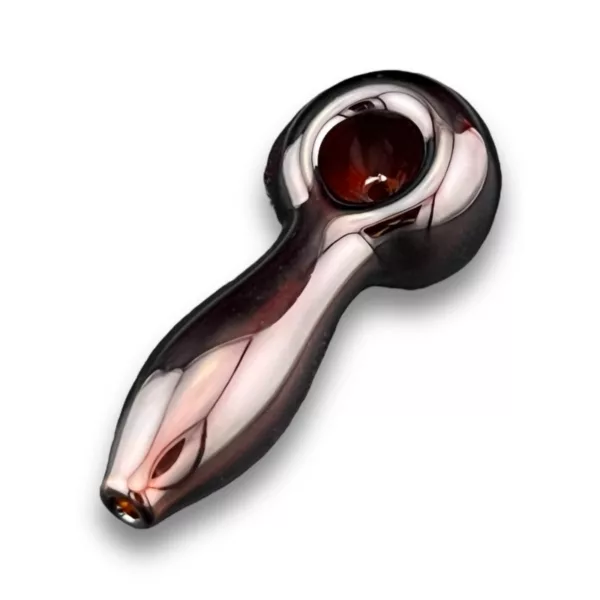 A curved glass smoking pipe with an intricate, futuristic design on the handle and a brown-stained bowl.