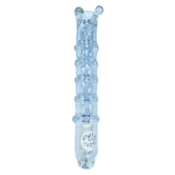 Clear glass vial with blue label 'Crystal Clear' and white background, used for holding a Peitcraft Illumi-Pede Constriction Chillum.