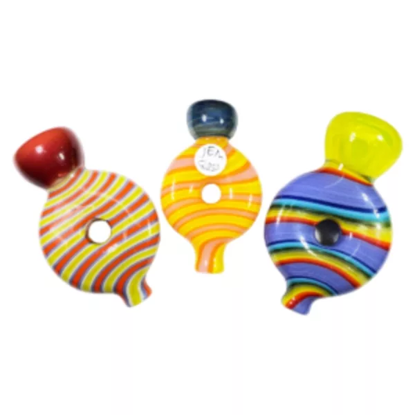 Three glass pipes with colorful striped designs, round base, and curved neck. Jem Glass Striped Donut Chillum.