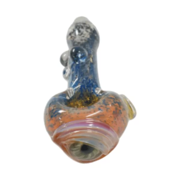 Glass pipe with blue and orange swirl pattern on outside and clear stem on inside. Small, round bowl and mouthpiece. Sleek and modern design.