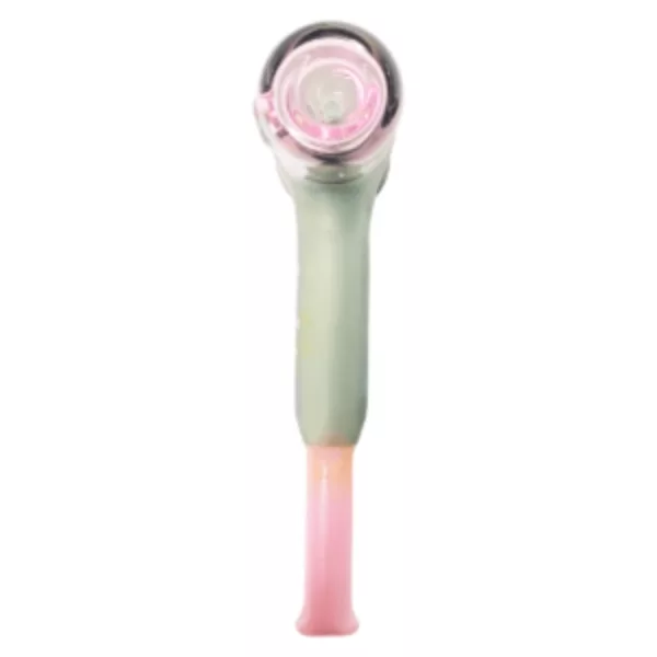 Plastic toothbrush with pink and green handle and circular plastic bristles. Connector on handle for attaching brush. Not in use, sitting on white background.