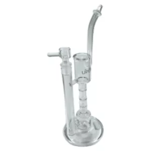 Clear glass bong with long stem and small bowl on top, Upline Water Pipe - GRAV.