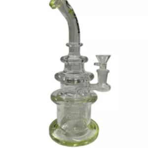 Image of a glass bong with a clear stem and green base, featuring two bowls. Smooth surface and made of glass.