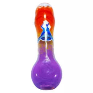 Unique glass pipe with purple and orange design.