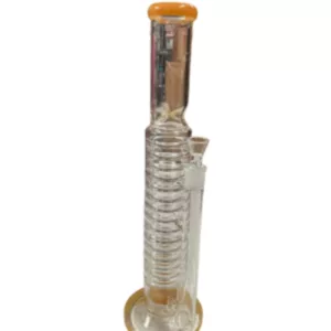 Clear glass bong with yellow base, small circular base and long curved neck, mouthpiece with circular ring, sitting on white background.