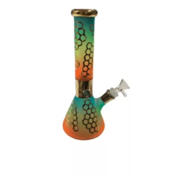 Colorful glass bong with interconnected circle & hexagon design. Long, curved shape with small base & mouthpiece. Adorned with circular & hexagonal designs. White background.