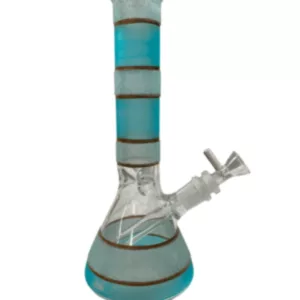 A blue and white striped glass bong with a clear glass base and stem, connected by a clear glass tube. Perfect for smoking and enjoying water pipes.