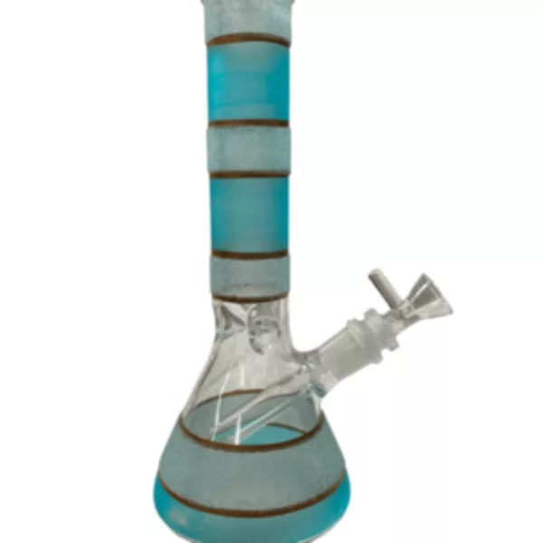 A blue and white striped glass bong with a clear glass base and stem, connected by a clear glass tube. Perfect for smoking and enjoying water pipes.