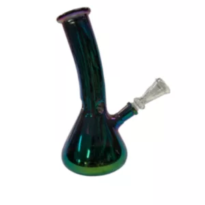 This image shows a glass bong with a clear glass stem and a green and purple tinted base. It has a curved stem with a small hole at the top and a curved base with a small hole at the bottom. It is sitting on a white background.