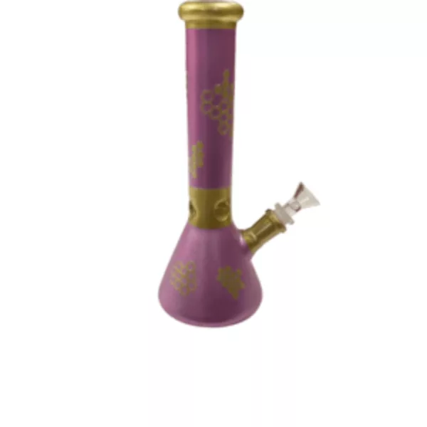 This purple glass bong with gold accents and intricate design features a small round base, long curved neck, and mouthpiece with a circular hole. It is available on a white background.