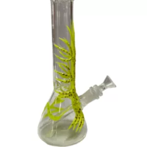 Yellow and green glow tree water pipe, BVTAN084, with curved shape and small base.