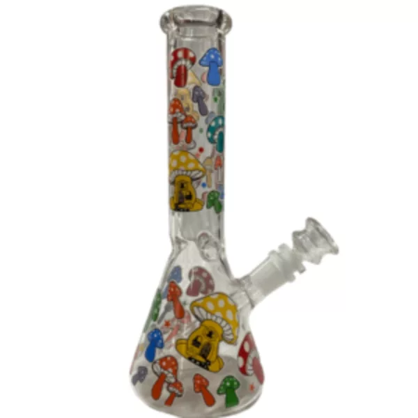 Glass bong with cartoon characters, clear cylindrical shape, and mouthpiece attached to top. BVHQ008.