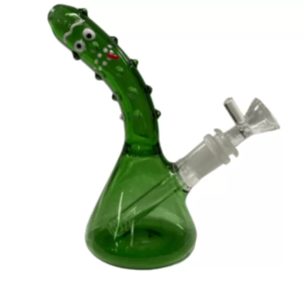 A glass bong with a green tint and a long, curved shape, featuring a small, round base, a long, curved neck, and a mouthpiece shaped like a snake's head with two small, round eyes. It is sitting on a white background.