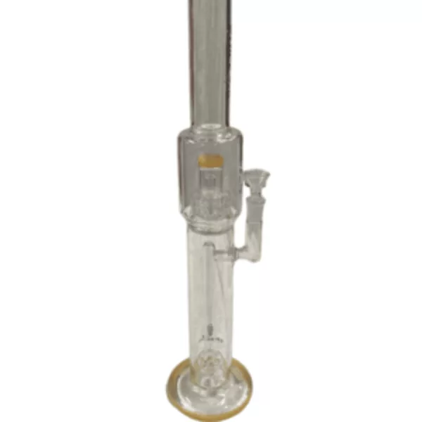 Clear glass bong with gold base and small round bowl. Long curved stem with small round knob. White background. CCJLA67.