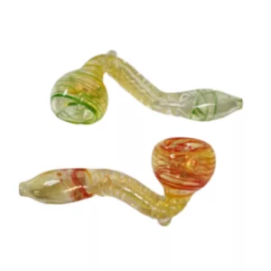 Clear glass Sherlock-style pipes with colorful swirls in red, green, and yellow, sitting on a white background.