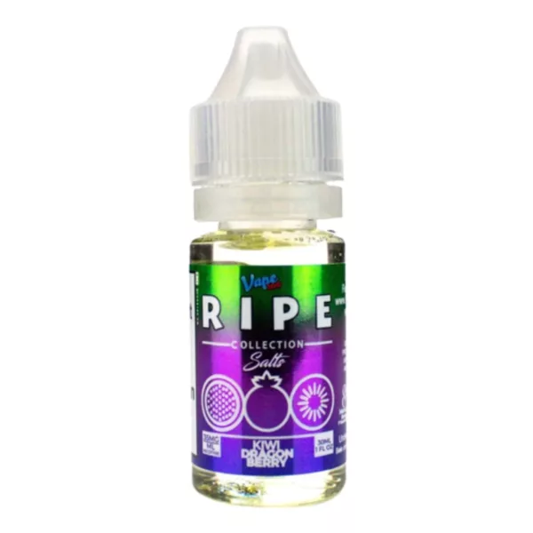 Bottle of clear liquid labeled Ripe with purple label and white text. Fruit-flavored e-liquid, Kiwi Dragon Berry.