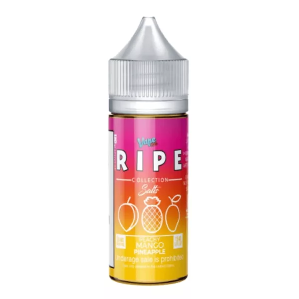 Clear bottle of e-liquid with 'Ripe' label and orange fruit design, containing Peachy Mango Pine flavor.