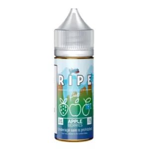 White bottle with blue label and sticker, containing Ripe Apple Crush e-liquid.