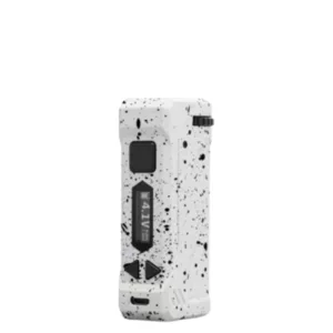 Wulf Uni Pro vaporizer with white and black splatter design, temperature and battery display, and small button for operation. White background.