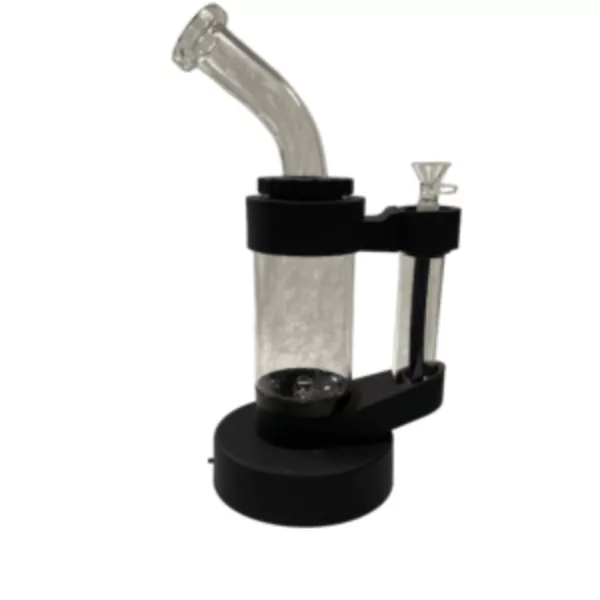 high-quality glass bong with a black base and clear glass tube, featuring a small handle and knob, and sitting on a sturdy stand. It has a small hole for smoking and appears to be empty.