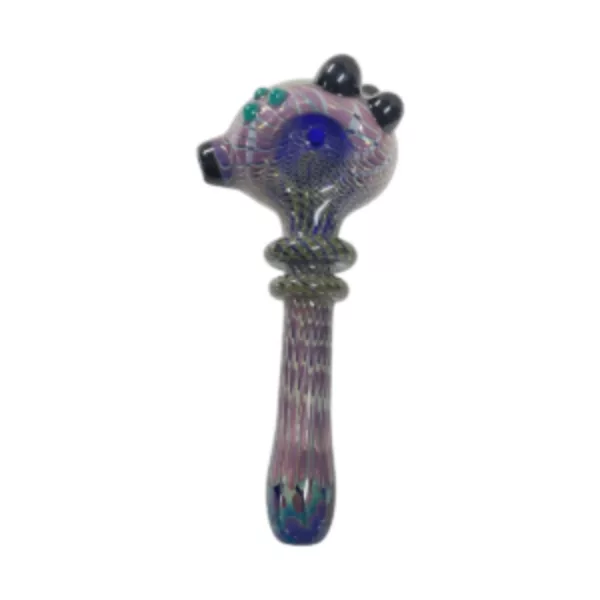 Handcrafted double layer pipe with black glass mouthpiece and colorful triangular glass beads in blue, green, and purple. Made by Habitat Glass.