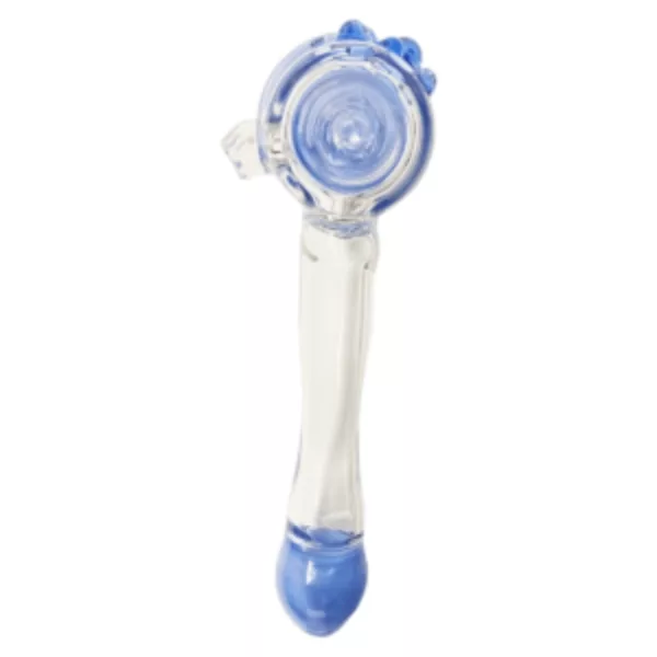 Clear glass pipe with blue handle and clear stem. Habitat Glass.
