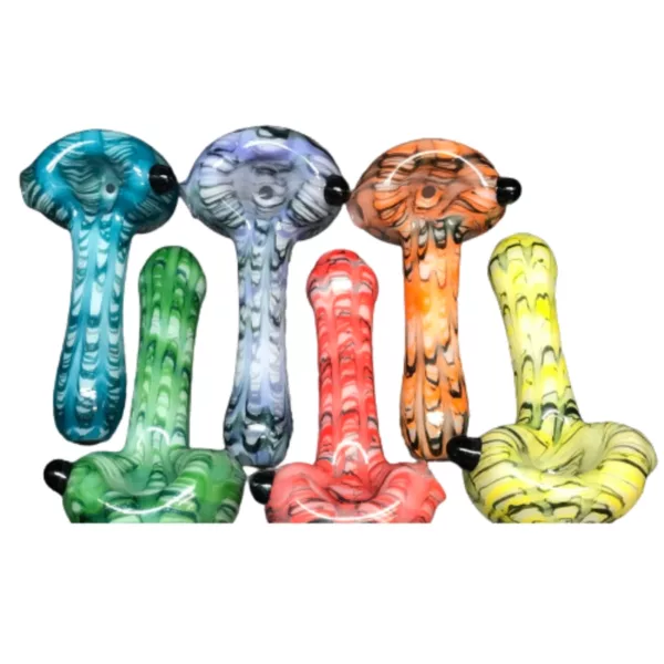 Six unique, colorful glass pipes in a rainbow design. High-quality image.