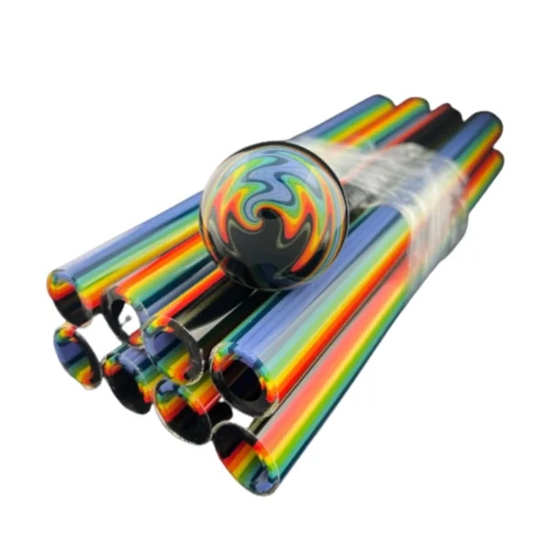 Rainbow-colored metal chillum stack with a metallic shine, suitable for advertising and design use.