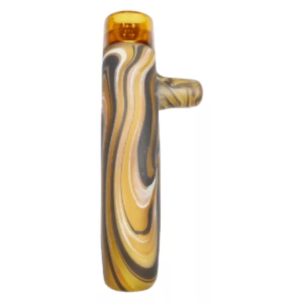 sleek, modern glass pipe with a yellow and black swirled body and clear glass stem. It has a small knob at the end of the stem and a black and yellow swirled base.