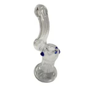 Clear glass bong with blue and white design. Curved shape, small smoking hole at top and water drain hole at bottom. Made of glass, sits on white surface.