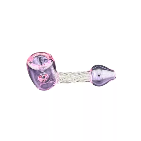 Stylish glass pipe with pink/purple twist design, clear bowl & tube, silver stem & purple/pink base. Sleek & modern look.