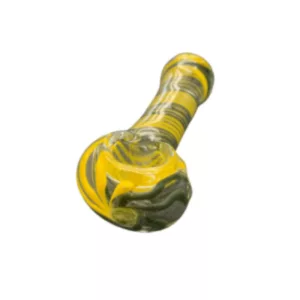 Simple and elegant glass pipe with yellow and green swirl design, small bowl and long stem with clear glass and small knob.