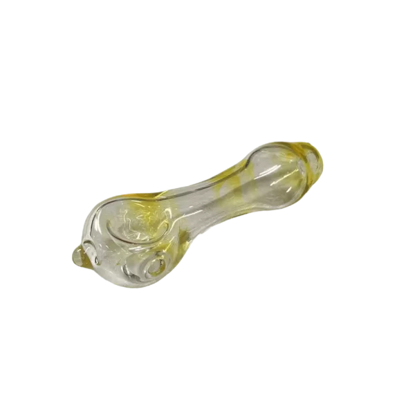 A clear glass pipe with a yellow and white, swirling design featuring interconnected circles and lines. It has a small bowl and long, curved stem with a clear glass knob and circular hole surrounded by white lines. Elegant and modern.