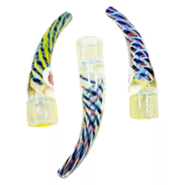 Curved glass pipes with colorful blue, yellow, and red designs on a white background.
