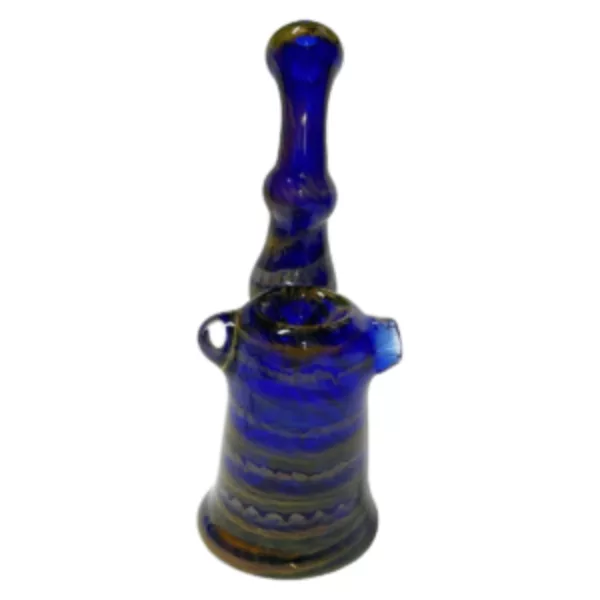 A blue and yellow glass vase or decanter with a long, curved handle and smooth surface. It has small bubbles and sits on a white background.