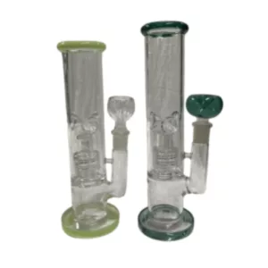 Enigma - WP offers two glass bongs, one with a clear base and the other with a green base, both with a small, round base and a long, curved neck. The base of the green one is green, while the base of the clear one is clear.