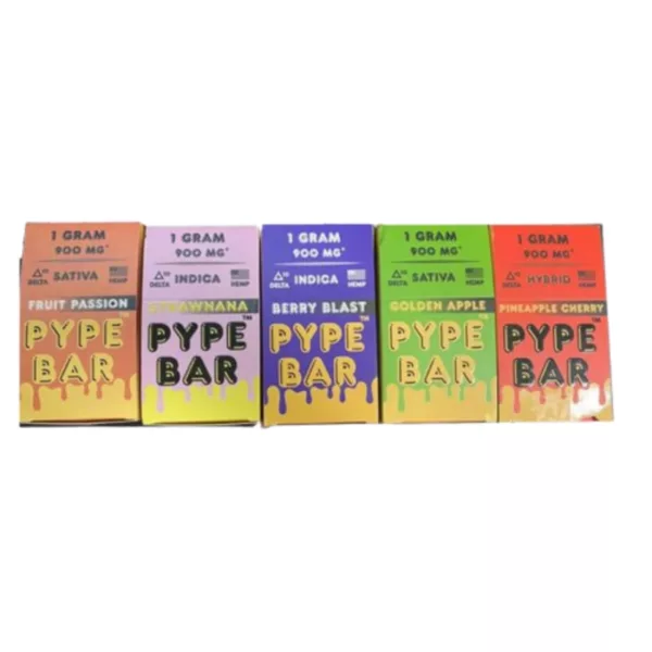 Five unique, patterned, plastic rectangular bars in colors yellow, orange, red, blue, and green, stacked on top of each other with a white border. #Delta10Disposable #PypeBar