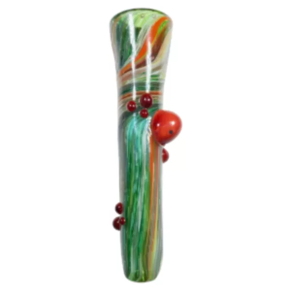 Colorful glass pipe with green, red, and yellow swirl pattern and red beads on end. White background.