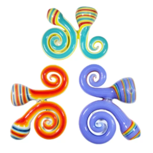 Three glass pipes with colorful swirling designs, part of Tiny Two Piece Curly Spoons by Jem Glass.