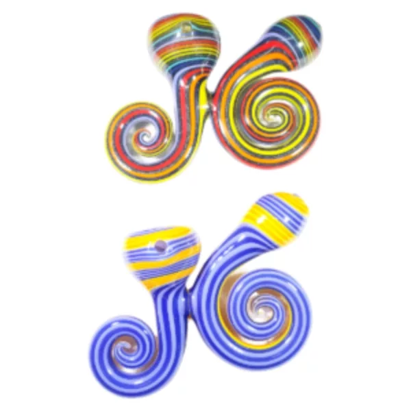 Two clear glass pipes with colorful spiral designs in blue, green, yellow, and red. White background.