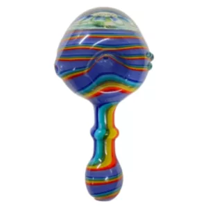Colorful glass vase or decorative art piece with rainbow pattern, standing on white background.