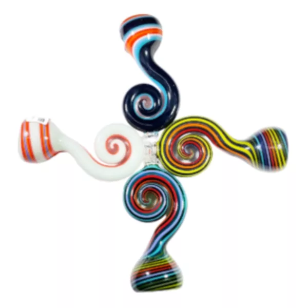Unique, colorful glass pipe with spiral design, round base and tapered end, smooth surface.