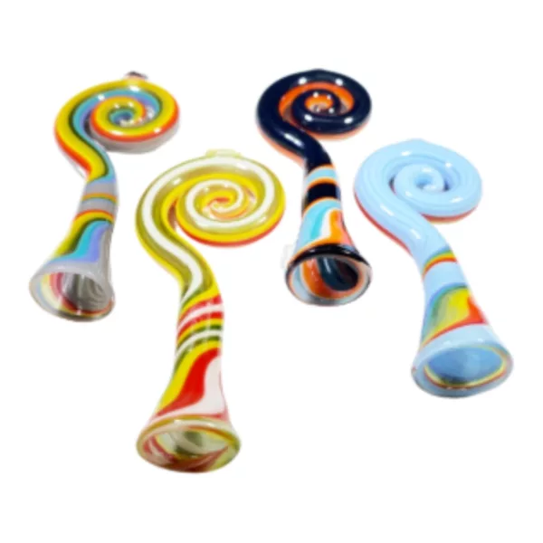 Three glass pipes with swirling designs in blue, green, and yellow, arranged in a line for a visually interesting display.