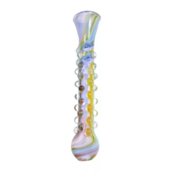 colorful glass pipe with a swirled design made of clear glass, called Groovie Onies - Jem Glass. It has a small, round base and is standing upright on a white background.