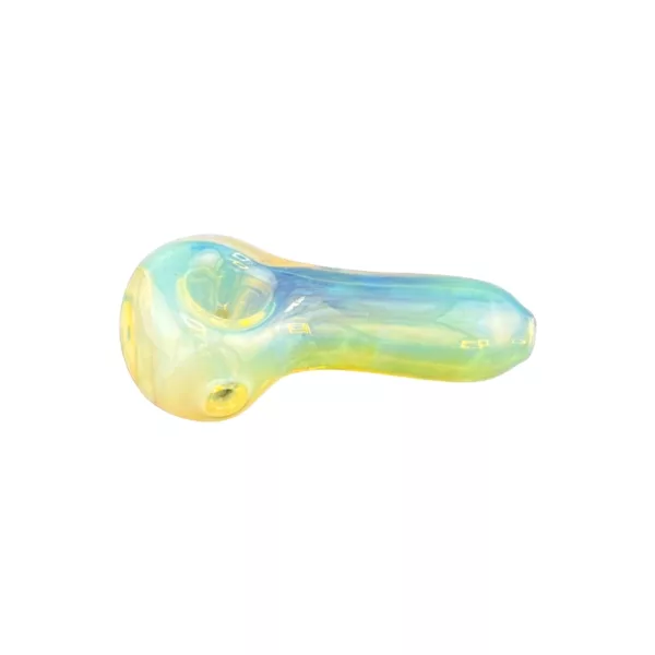 Clear glass pipe with blue and yellow swirl pattern, small curved shape and round hole at the end.