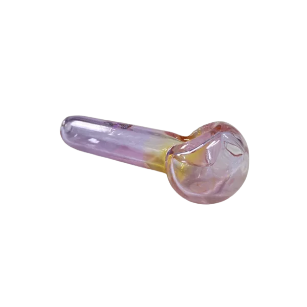 Handcrafted Pink Purple Fumed Jellyfish Glass Pipe with flattened head and circular mouthpiece.