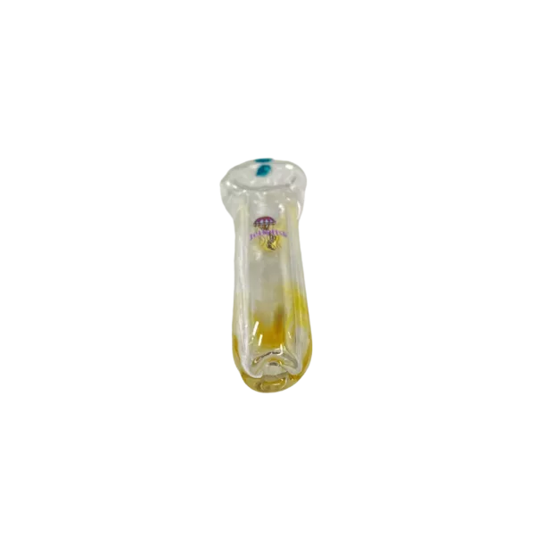Jellyfish-shaped glass pipe with yellow liquid and colorful stem. Clear liquid shimmers in light. Small base with top hole.