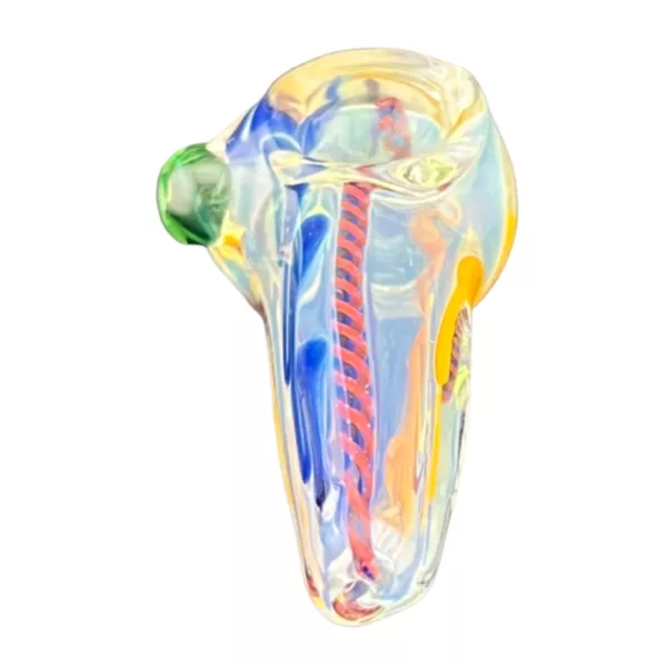 Multicolored swirl lining adorns this conical glass pipe, featuring a unique wavy pattern on its surface.