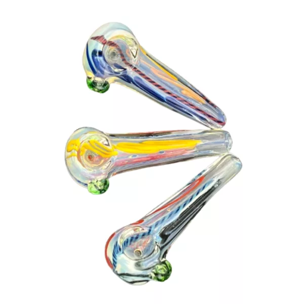 Clear, colorful glass pipe with long, straight body and swirling designs. 3 small chambers connected by thin colored lines. Green, blue, yellow, and red rings at base and top.